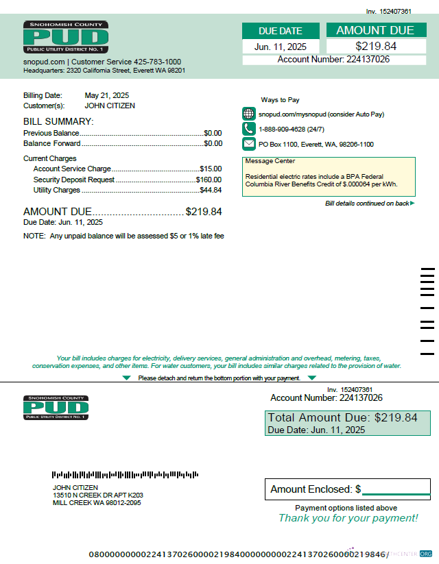 download download USA Snohomish County PUD utility bill template in Word and PDF formats PDF template PDF template